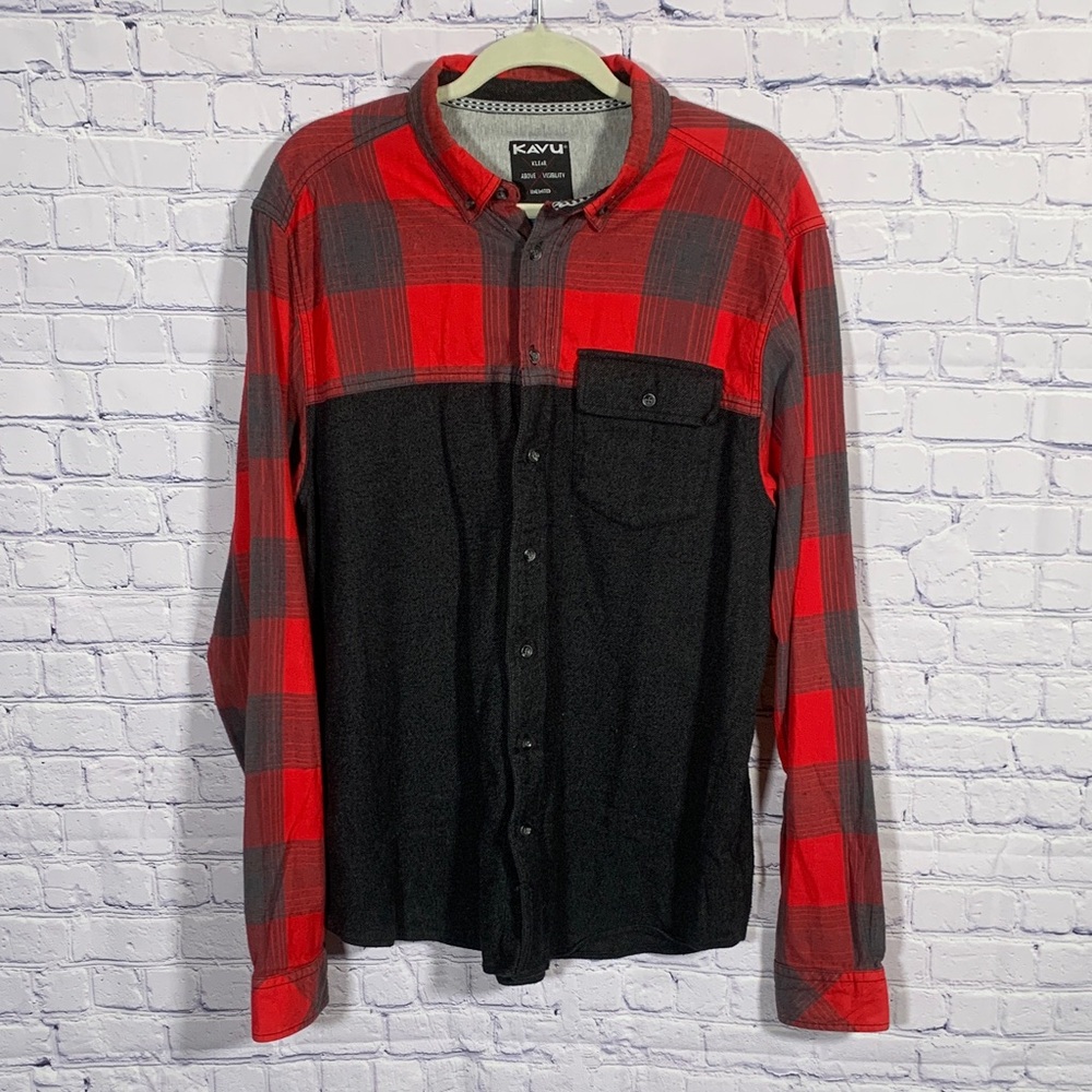 Kavu Mens VTG Color Block Plaid Button Down Red Gray Size XL Outdoor Hiking